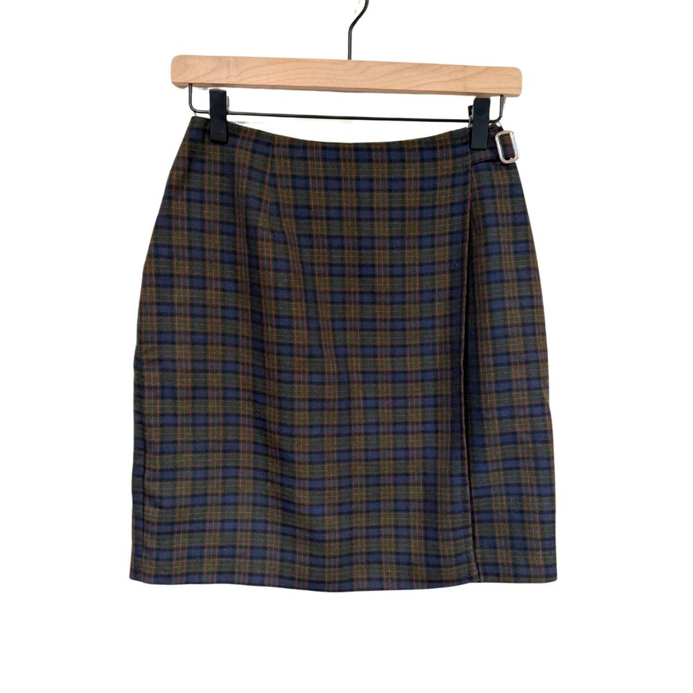 Y2K Northern Traditions Green Blue Plaid Wrap Mini Skirt Fits Size XS VTG Preppy